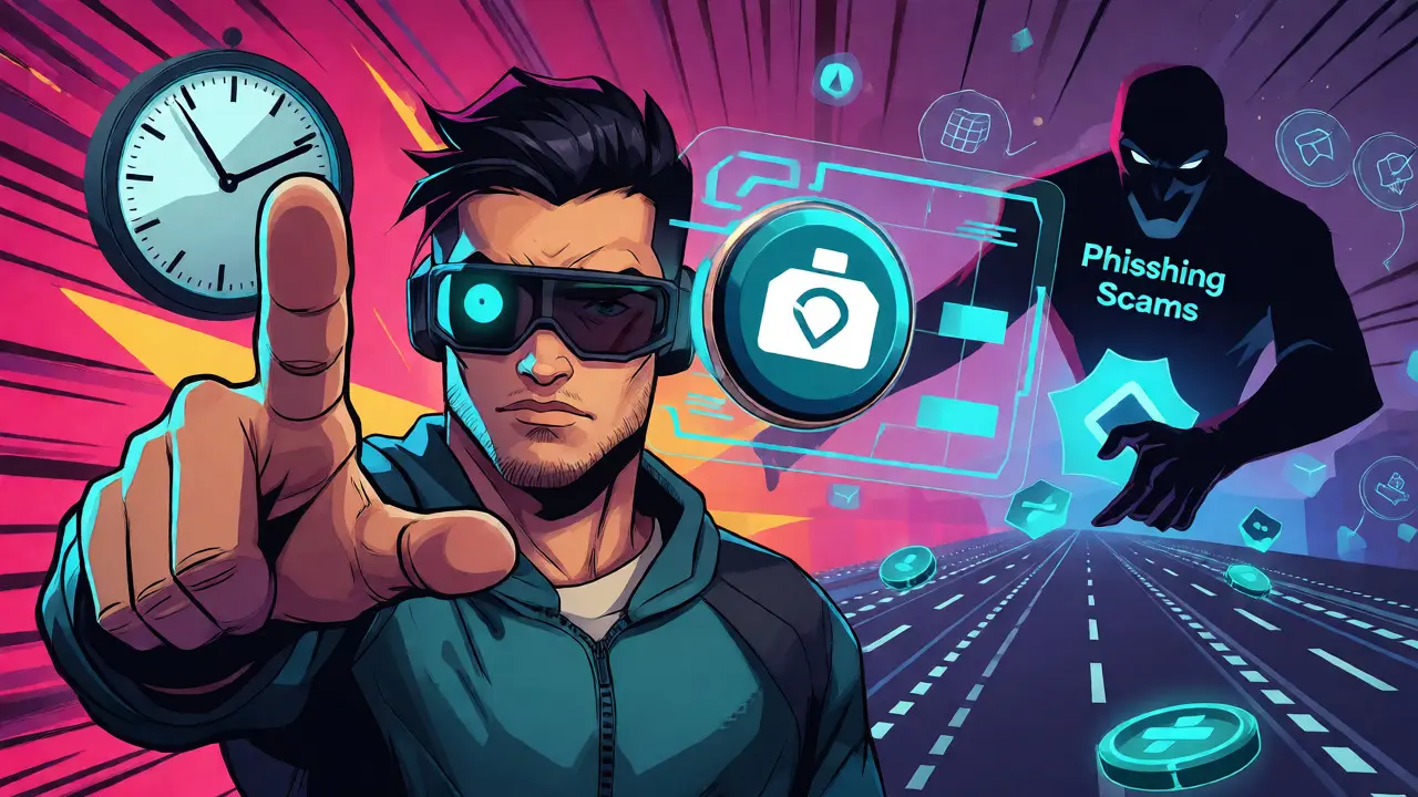 Protagonist pressing claim button while dodging phishing villain