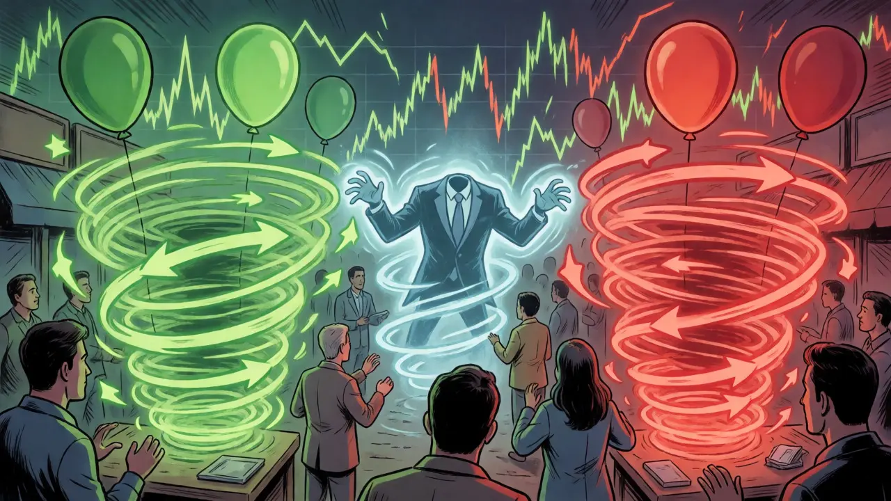 Retail investors surrounded by fake volume vortexes manipulated by a ghost exchange entity.
