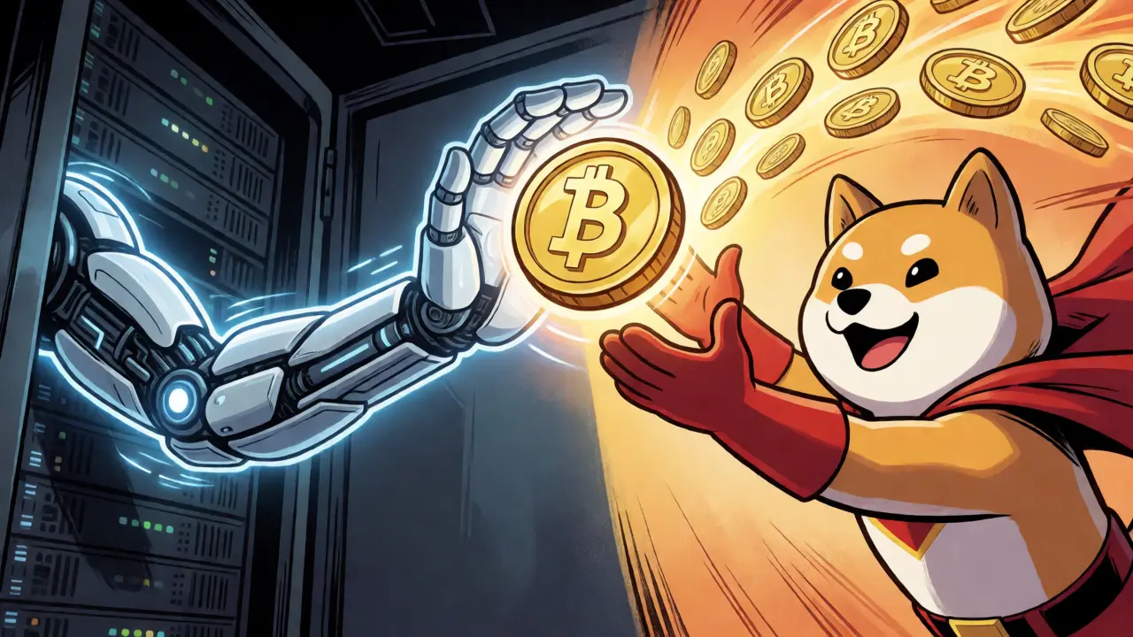 Robot hand passing data orb to caped Shiba Inu character