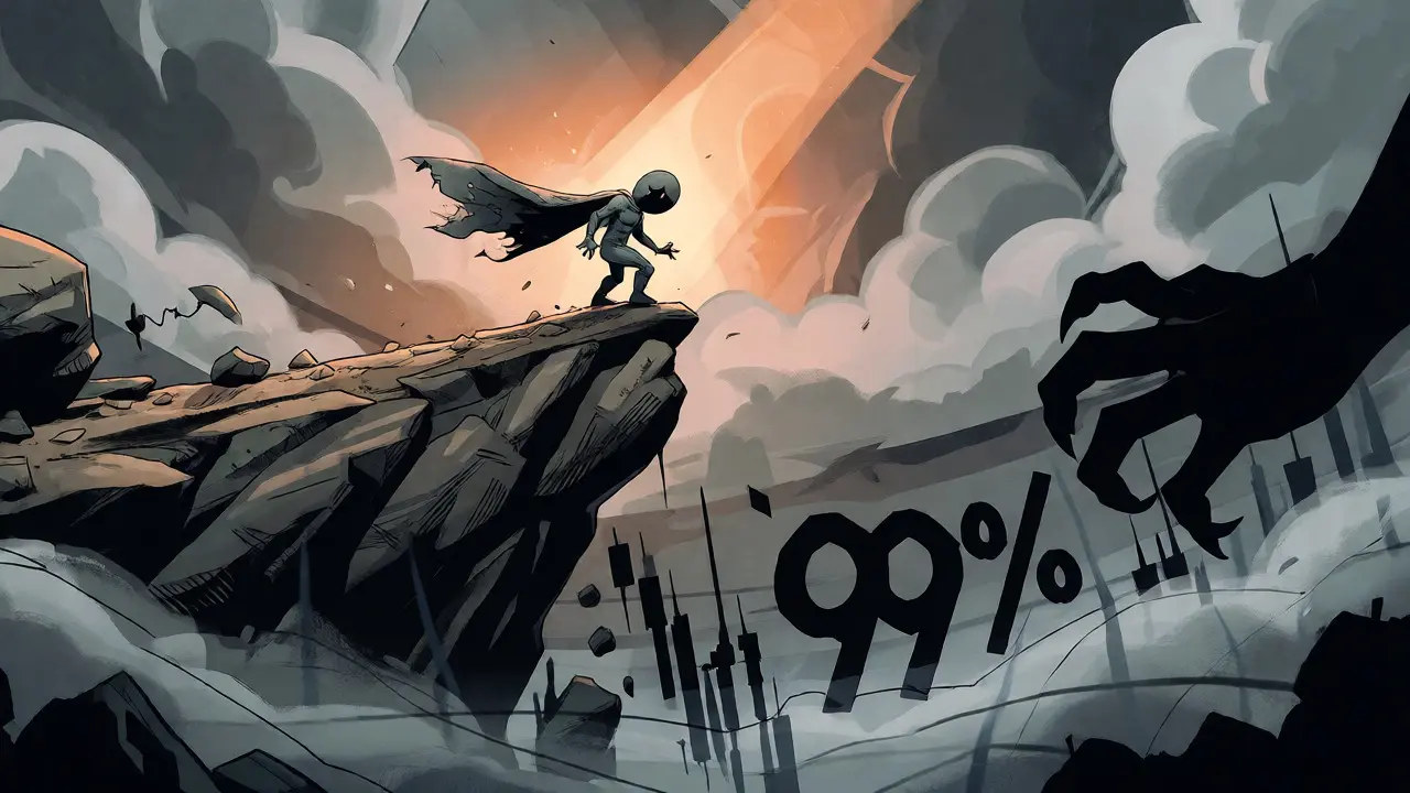 Small token hero standing on a cliff overlooking a dark market crash abyss