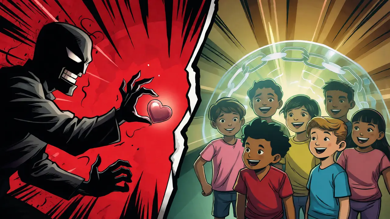 Split comic panel showing corporate greed versus children protected by a digital shield.