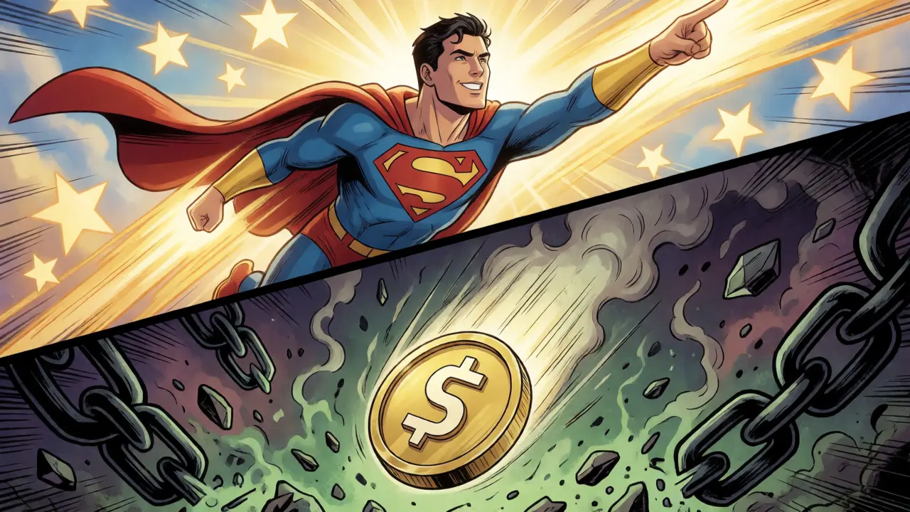 Split panel showing crypto token soaring then crashing into abyss