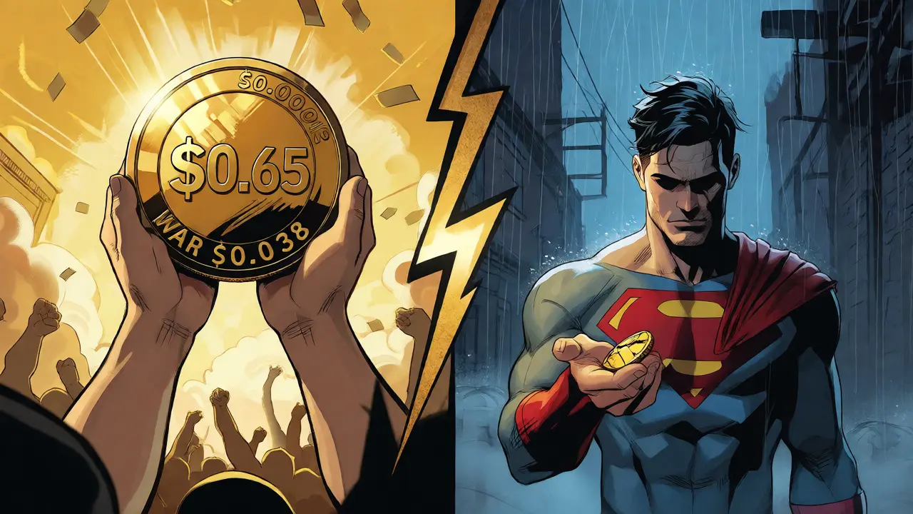Split panel showing high-value coin vs low-value shard reflecting price drop