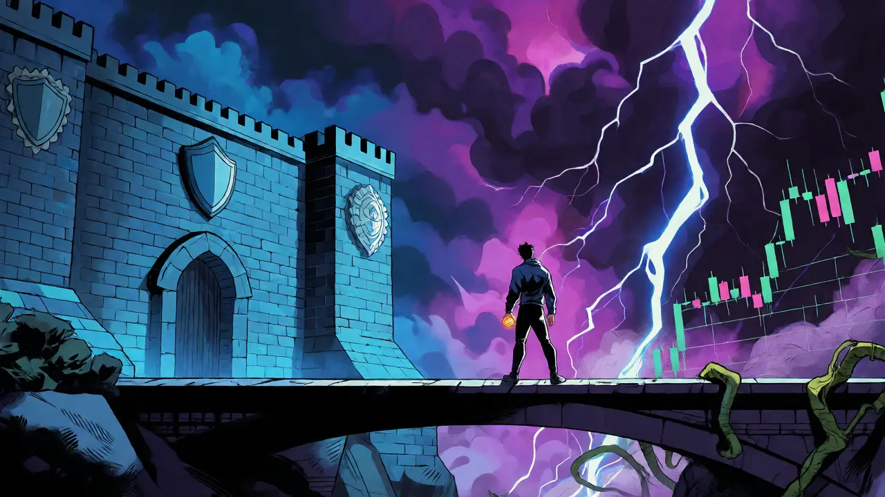 Split scene showing secure DeFi fortress versus volatile market storms in comic style