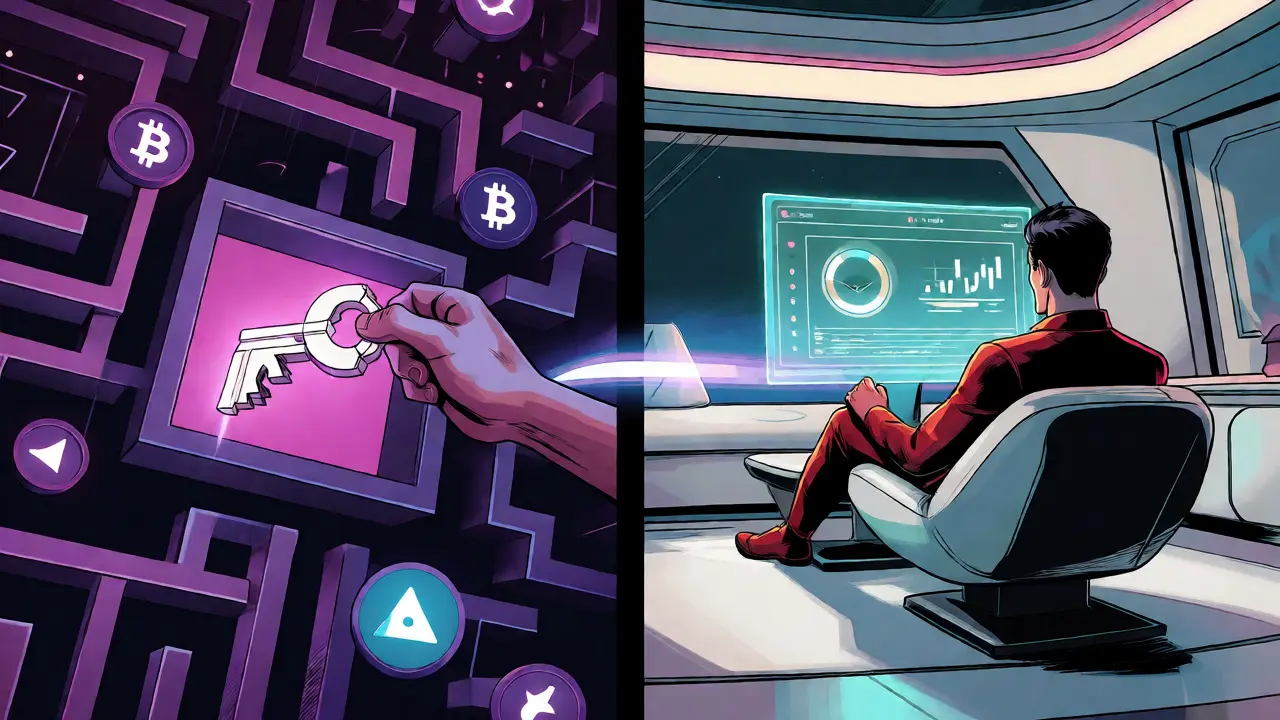 Split scene showing the transition from complex wallet setup to relaxed automated trading.