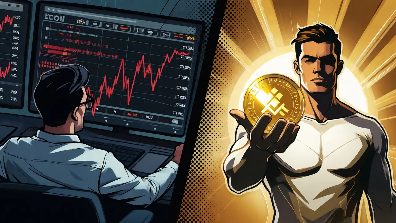 Split screen showing complex vs simple crypto trading