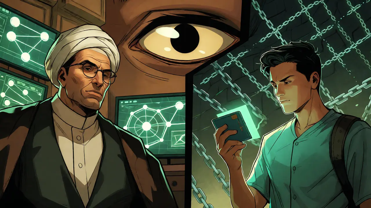 Split view of government surveillance and a student navigating sanction barriers with crypto.