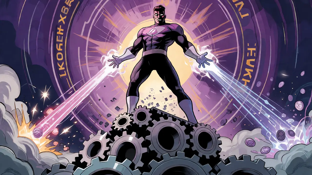 Superhero distributing energy tokens to stakers in comic art