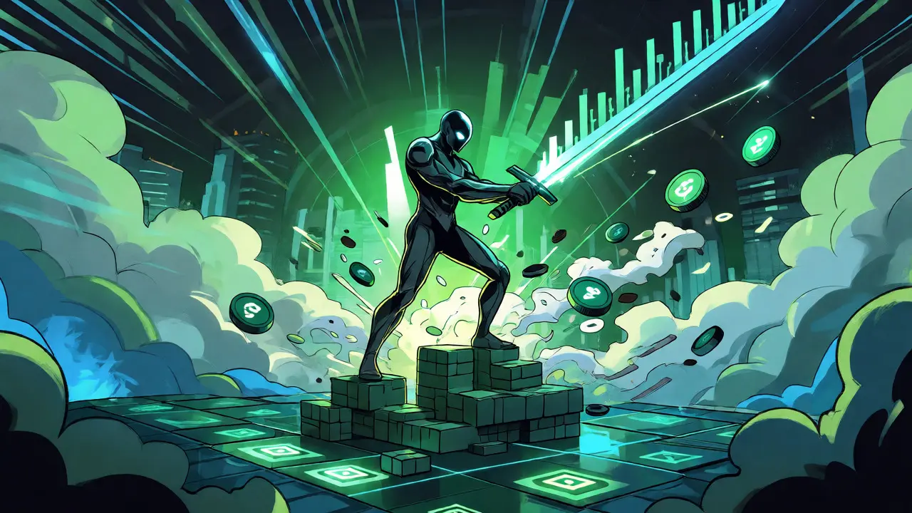 Superhero figure wielding a sword of trading volume on a blockchain platform