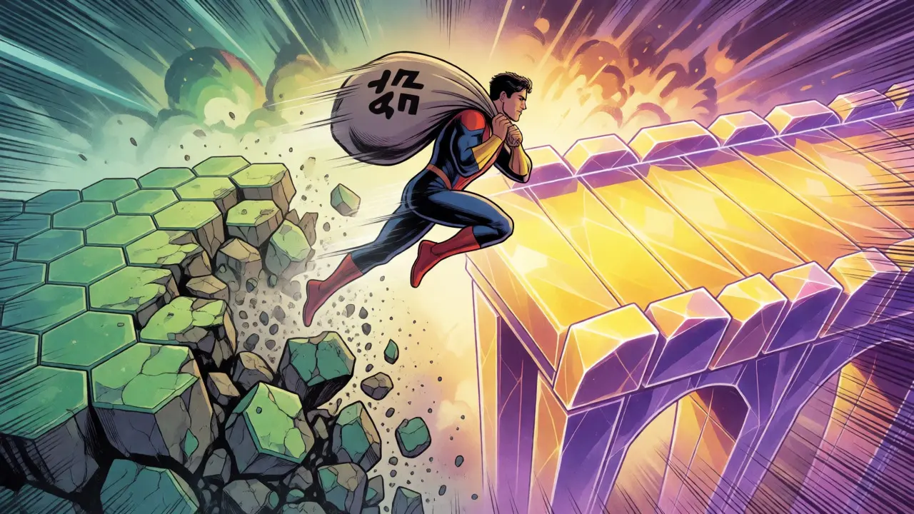 Superhero leaping between collapsing green platforms and a solid purple bridge.