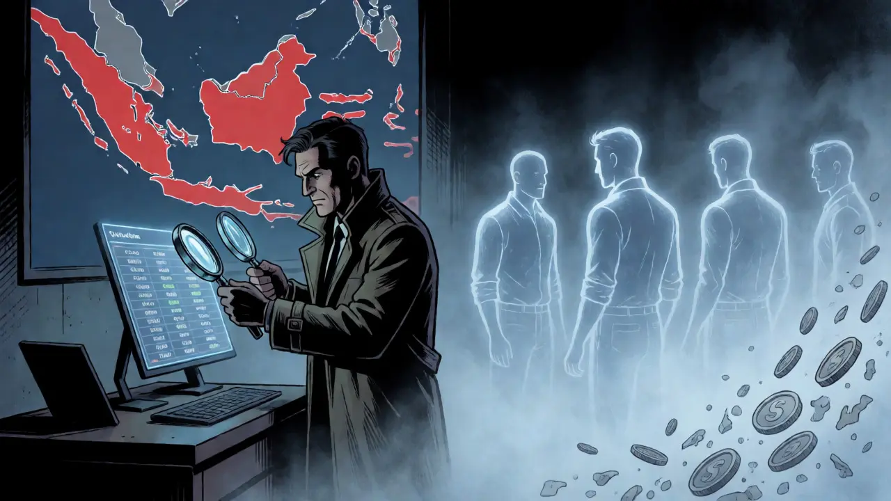 Trader examining thin order book with Indonesia map in background