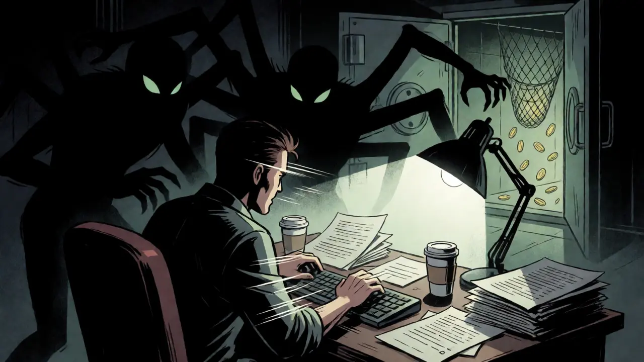 Trader stressed by fraud and tax shadows in a noir comic scene