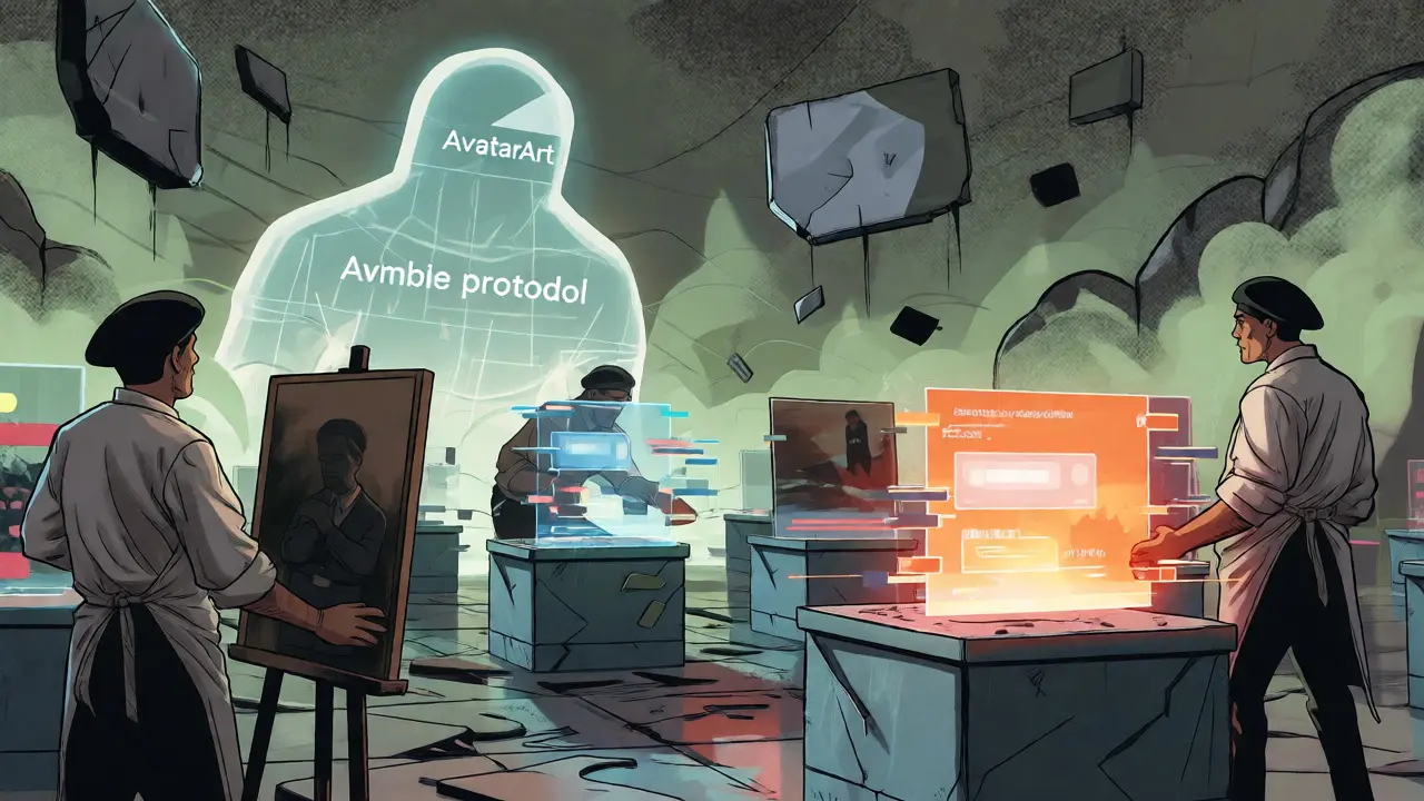 Traditional artists struggling with glitching holographic displays in a decaying NFT marketplace.