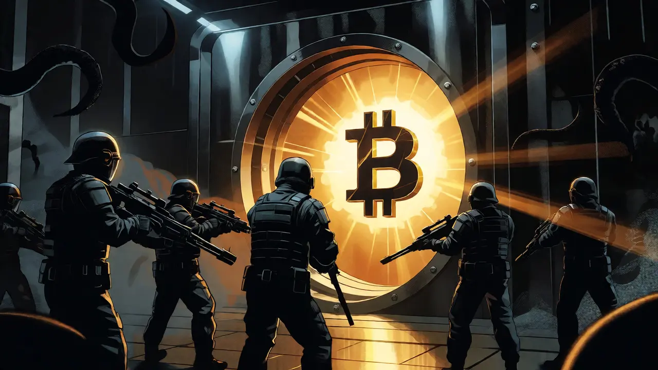 Futuristic guards protecting a glowing Bitcoin in a high-tech vault