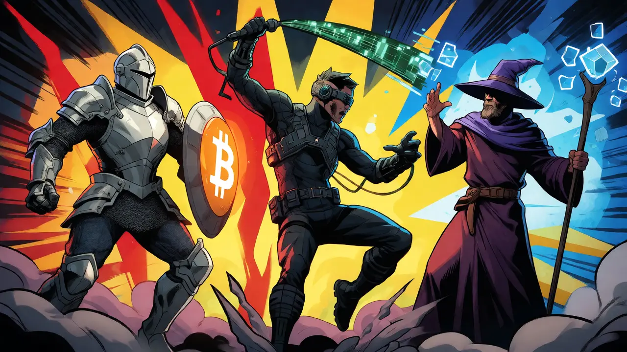 Knight, acrobat, and wizard fighting inflation monsters with Bitcoin shields